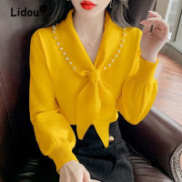 2022 Spring Summer New Womens Korean Pullover Bow Neck Solid Blouse Females Long Sleeve V Neck Office Lady Professional Shirt