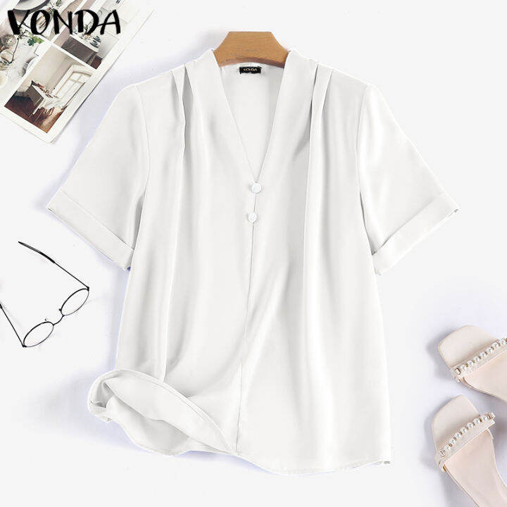 จัดส่งฟรี-fancystyle-vonda-เสื้อทำงานคอวีของผู้หญิงเสื้อสีพื้นแขนลำลองขาสั้นแนวธุรกิจเสื้อมีจีบ-2