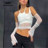 NEONBABIPINK สีขาว Sheer ตาข่าย Crop Top เสื้อยืดไม่สม่ำเสมอ Cutout Halter คอปลอม2ชิ้นแขนยาว Tees N33-BD15