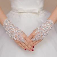 ✹ Elegant White Red Ivory Wedding Gloves Lace Applique Short Rhinestone Bridal