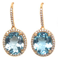 ต่างหูพลอยแท้ สกายบลูโทปาส (Sky Blue Topaz) 10 x 12 mm. ล้อม เพชร-cz เงินแท้ 925 ชุบทอง 18k