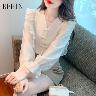 REHIN เสื้อสไตล์เกาหลีแบบใหม่คอวีแขนพองหวานสำหรับผู้หญิง,เสื้อแขนยาวผ้าชีฟองสวยสง่าฤดูใบไม้ผลิ