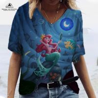 2023 Summer Mermaid Ariel Anime Womens T-Shirt Disney Brand Harajuku Ladies Hot Sale Fashion Casual V Neck Short Sleeve Tops