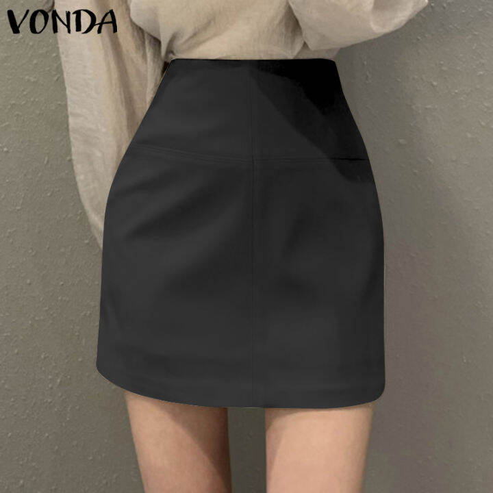 VONDA Women Casual Patchwork Solid Color Zip Short Skirt Vintage