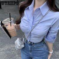 WTEMPO Ins Sexy Cropped Tops Fashion Blouses for Women Folds Tunic Long Sleeve Casual Shirts Korean New Y2K Blue White T-Shirts