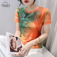 YIMEI 2023ฤดูร้อนแฟชั่นเสื้อยืดผ้าตาข่ายแขนสั้นคอกลมเข้ารูปพอดี,เสื้อแฟชั่นลายพิมพ์