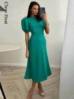 ผู้หญิงลำลองพัฟแขนสั้น bodycon ชุดฤดูร้อน o-neck solid midi dress office lady แฟชั่นชุดราตรี