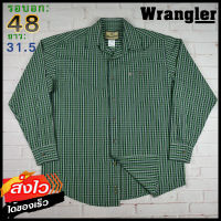 Wrangler®แท้ อก 48 เสื้อเชิ้ตผู้ชาย แรงเลอร์ สีเขียว เสื้อแขนยาว เนื้อผ้าดี ทรงสวย เสื้อวินเทจ