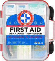 Be Smart Get Prepared First Aid Kit Hard Red Case 326 Pieces Exceeds OSHA and ANSI Guidelines 100 People - Office, Home, Car, School, Emergency, Survival, Camping, Hunting and Sports