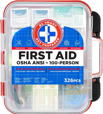 Be Smart Get Prepared First Aid Kit Hard Red Case 326 Pieces Exceeds OSHA and ANSI Guidelines 100 People - Office, Home, Car, School, Emergency, Survival, Camping, Hunting and Sports