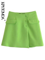 KPYTOMOA Women Fashion With Flaps Green Mini Skirt Vintage High Waist Button-Fly Female Skirts Mujer