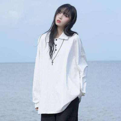Long-sleeved POLO Shirt Korean thin sweatshirtwomens mid-length solid color Harajuku style loose pullover student simple top