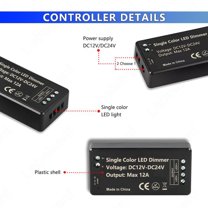 1ch-led-dimmer-12a-dc12-24v-controller-with-3-key-rf-433mhz-wireless-remote-control-for-led-cob-single-color-light-strip-lamps