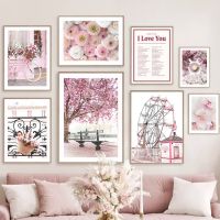 Parisian Floral Wall Art: Fresh Sakura, Rose &amp; Peony โปสเตอร์ภาพวาดผ้าใบสำหรับห้องนั่งเล่นตกแต่งบ้าน