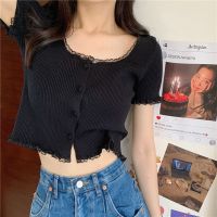 [COD] new Korean version top womens lace edge knitted high waist T-shirt popular bm foreign style short-sleeved man