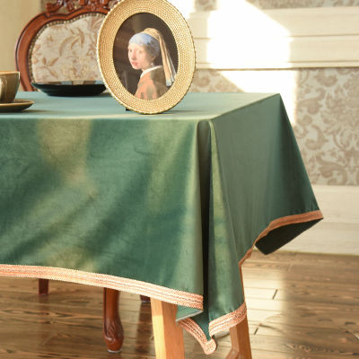 （HOT) ผ้าปูโต๊ะสีเขียวอเมริกันผ้าไหมสีทองกำมะหยี่ผ้าปูโต๊ะผ้าปูโต๊ะลูกไม้ย้อนยุคฝรั่งเศสหนาระดับไฮเอนด์