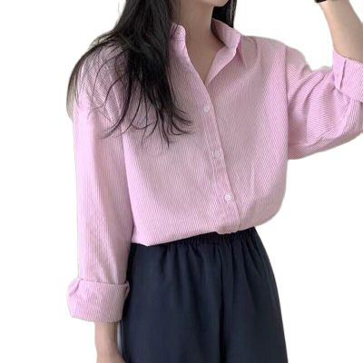 เสื้อลายทางทรงหลวมสำหรับผู้หญิงเสื้อลำลองสำหรับแขนยาวสไตล์เกาหลี