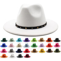 ที่เรียบง่ายขนสัตว์สีทึบรู้สึกแจ๊ส Fedora หมวกด้วยเข็มขัดหนังสีดำหัวเข็มขัดผู้ชายผู้หญิงปีกกว้างปานามา T Rilby หมวก56-58-60CM