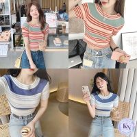 ?Korea NEW เสื้อยืดไหมพรมเข้ารูป ลายทางแบบทูโทน 2 สี