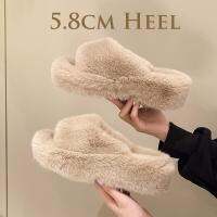 HOT★แฟชั่น High End Luxury ผู้หญิงขนสัตว์ Furry รองเท้า Wedges Plus ขนาด35-42ส้นสูงฤดูใบไม้ร่วงฤดูหนาวในร่ม warm รองเท้าแตะขน