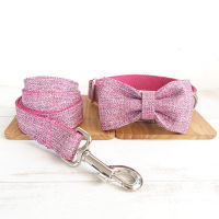 Pink Bow Tie Metal Dog Collar and Leash Set Solid Polyester Hand Holding Rope Straps Necklace Suministros De Perro Halsband Hund