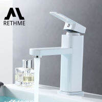 RETHME White Bathroom Sink Faucet Square Basin Faucet Hot &amp; Cold Water Mixed Water Faucet Vanity Tap Deck Mounted Washbasin Tap