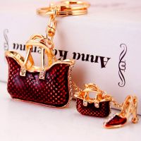 Creative cute lady handbag shape key ring artificial rhinestone three piece shape key chain metal pendant craft gift 5 colors