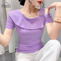 YIMEI เสื้อเข้ารูปพอดีผู้หญิงผ้าคอตตอนสีม่วงเปิดไหล่แขนสั้นแต่งระบายหนึ่งเส้นสำหรับฤดูร้อน2023