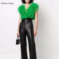 WHITNEY WANG 2022ฤดูร้อนแฟชั่น Streetwear Tulle Ruffles ลึก V คอ Slim บอดี้สูทผู้หญิง Holiday Beach Tops Lady T-Shirt