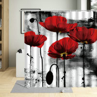 Red Flower Poppy Floral Shower Curtain Ink Painting Color Plant Scenery Bathroom Decor Polyester Hanging Curtain Sets With Hooks