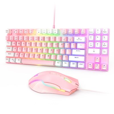 Gaming Mechanical Keyboard, 89-keys Blue Switch USB Wired Keyboard + RGB Backlit Wired Gaming Mouse, Black/Pink For PC Gamer