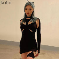 KLALIEN Women Spring Casual High Street Stretch Slim Hollow Out y Mini Bodycon Dresses 2021 New Simple Solid Black Dresses