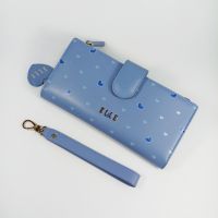 ELLE bag กระเป๋าสตางค์ผู้หญิงใบยาวพับประกบ สีฟ้า หนังแท้ลายโมโนแกรมรูปหัวใจ อะไหล่สีทอง