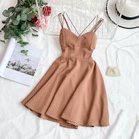 ZZOOI TAOVK Woman Summer Backless Dress Retro Striped V-neck Chest Pad Thin A Line Fluffy Big Swing Dress