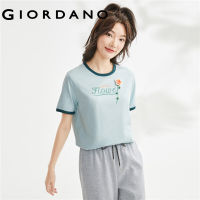 Hot ”Giordano ผู้หญิงเสื้อยืดดอกไม้โครเชต์พิมพ์ฤดูร้อน TEE Contrast สี Crewneck แขนสั้น Co.tton Casual târts 0532344