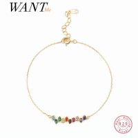 WANTME 925 Sterling Silver Rainbow Multicolor Geometric Zircon Link Chain Charm Bracelet for Women Wedding Jewelry Accessories