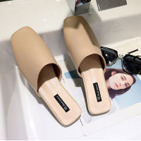 New Spring Women Solid Flats Designer Ladies Retro Close Toe Shoes Brand Casual Low Heels Flip Flop Soft Bottom Square Toe Mules