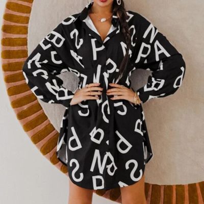 Long Sleeve Dress Notched Loose Vestidos De Mujer Casual Black Tunics Letter Fold Midi Elbise Robe Femme Soiree Streetwear Women