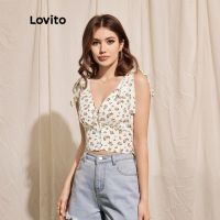 Lovito เสื้อลายดอกไม้แขนกุด คอวี แต่งกระดุม แบบผูกปม แฟชั่นผู้หญิง L35LD058 (สีขาว) 〖QYUE〗