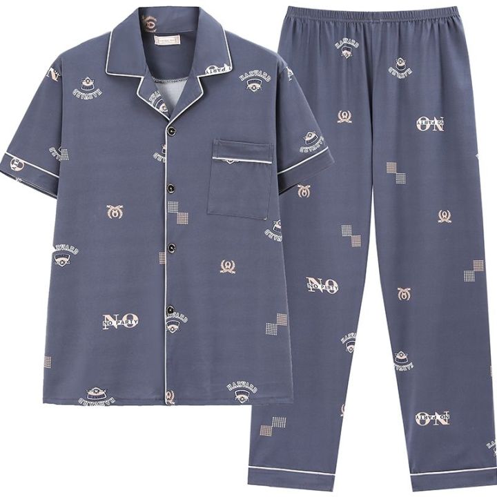 muji-high-quality-pajamas-mens-summer-high-end-pajamas-thin-section-short-sleeved-large-size-loose-cardigan-pajamas-combed-cotton-home-clothes-suit