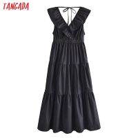 Tangada 2022 Womens Black Ruffles Long Dresses Backless Bow Female Casual Beach Dress 5D73