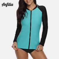 Anfilia ผู้หญิงแขนยาวซิป Rashguard ชุดว่ายน้ำเสื้อวิ่งเสื้อเดินป่า Surfing Top Rash Guard ซิป UPF50ชุดว่ายน้ำ