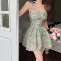 ‘；’ MEXZT Y2K Sleeveless Dress Women Vintage Print High Waist A Line Mini Dress Summer  Backless Spaghetti Strap Slim Vestidos