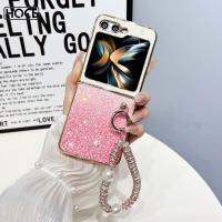 เคสโทรศัพท์แบบพกพาสำหรับ Samsung Galaxy ZFlip5 5G เคสปกป้องแบบมีสายรัดข้อมือมุกแวววาวระยิบระยับไล่ระดับสีสุดสวย ZFlip5