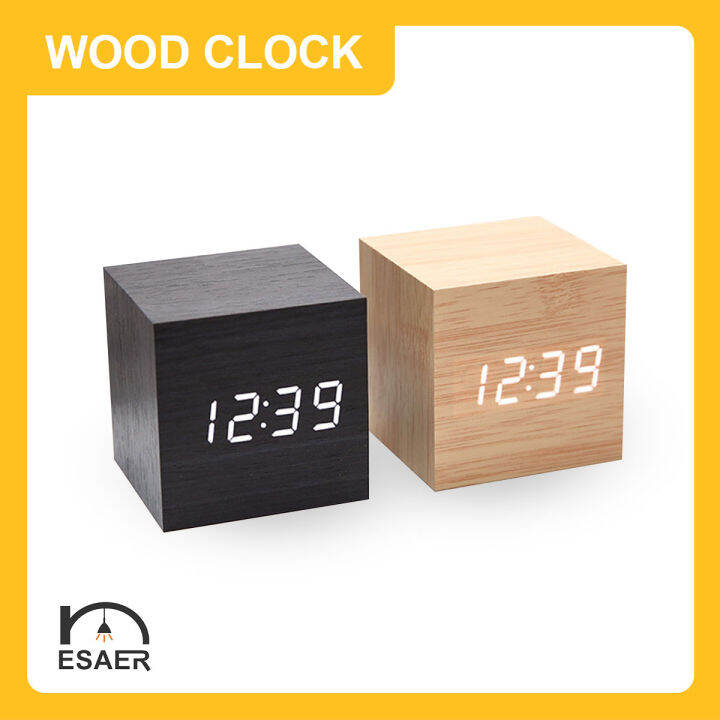 ESAER Minimalist Wooden Cube LED Alarm Clock Wood Clock Table