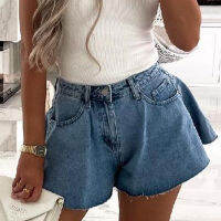 Spring Sexy Wide Leg Blue Denim Shorts Women Solid Button Office Ladies Shorts Summer Pocket Loose Beachwear Shorts Street Mujer