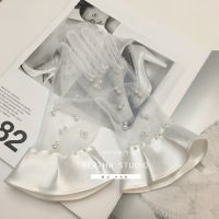 ◎ Mingli Tengda white fingerless Wedding evening bridal Gloves Pearl Bride Tulle Satin Wedding Accessories Short elegant Women