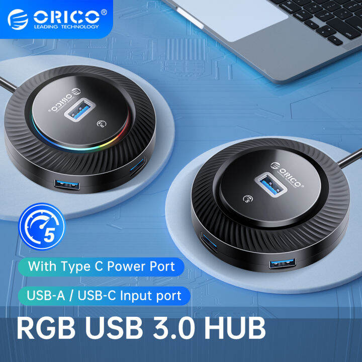 RGB Round USB Hub, ORICO 4Port USB 3.0 Hub with 4 USB 3.0 Data Ports