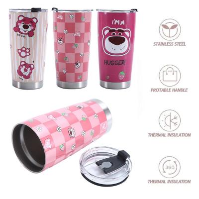 New 20oz Strawberry Bear Stainless Steel Car Mug Insulated Mug Cooler Mug Straw Mug Outdoor Ice Handy Bar Coffee Q0L7