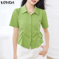 VONDA ร่องกระดุมเสื้อปกลำลองของผู้หญิงเสื้อหนาจีบแขนพัฟ (ลำลองเกาหลี)